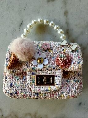 Girls Designer Single flap Pearl-Handle Tweed Handbag in Pastel Multi